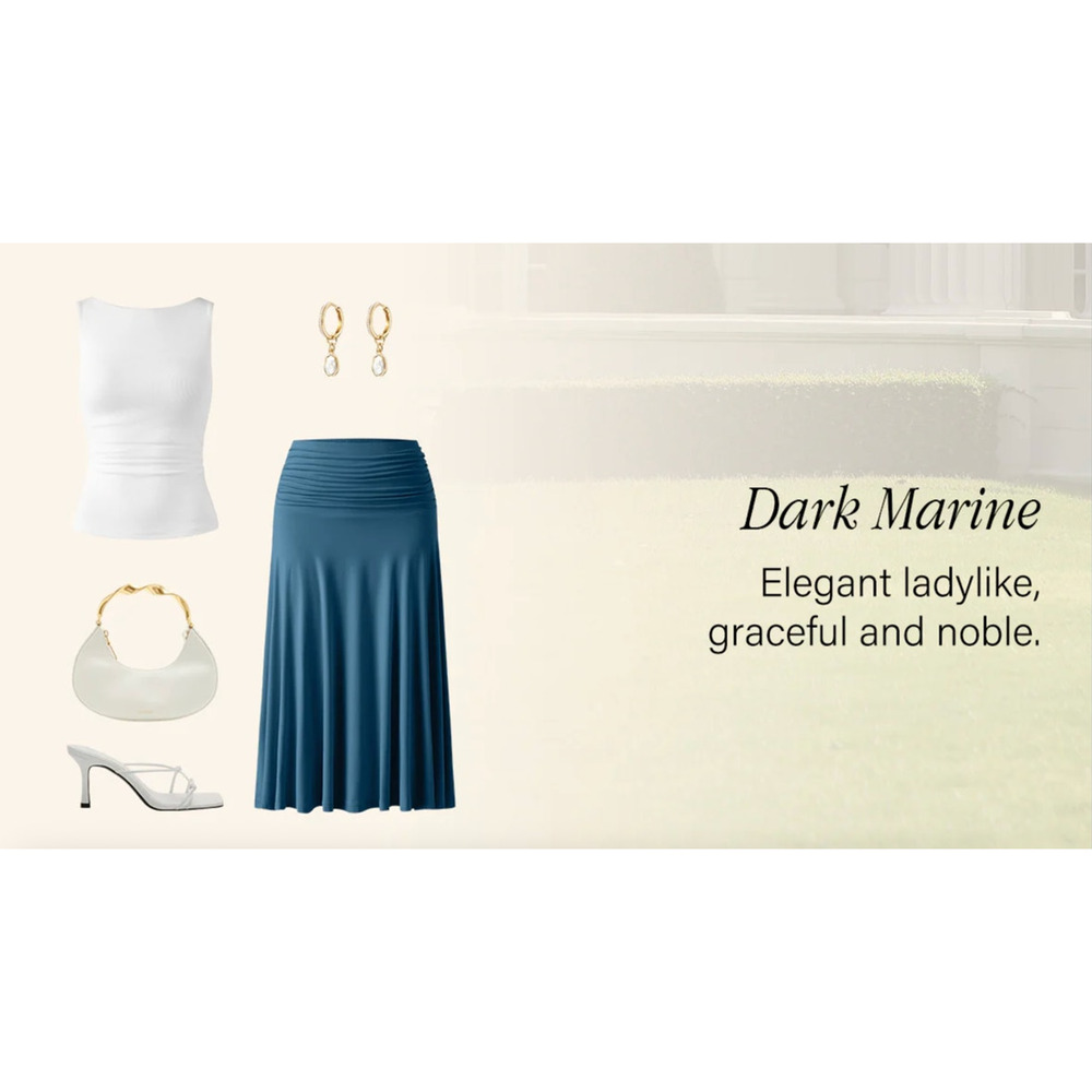 OGL Skirt Size S NEW Flowy Side Ruched A-line Midi Skirt EcoSkinKiss Marine Blue - Picture 7 of 11